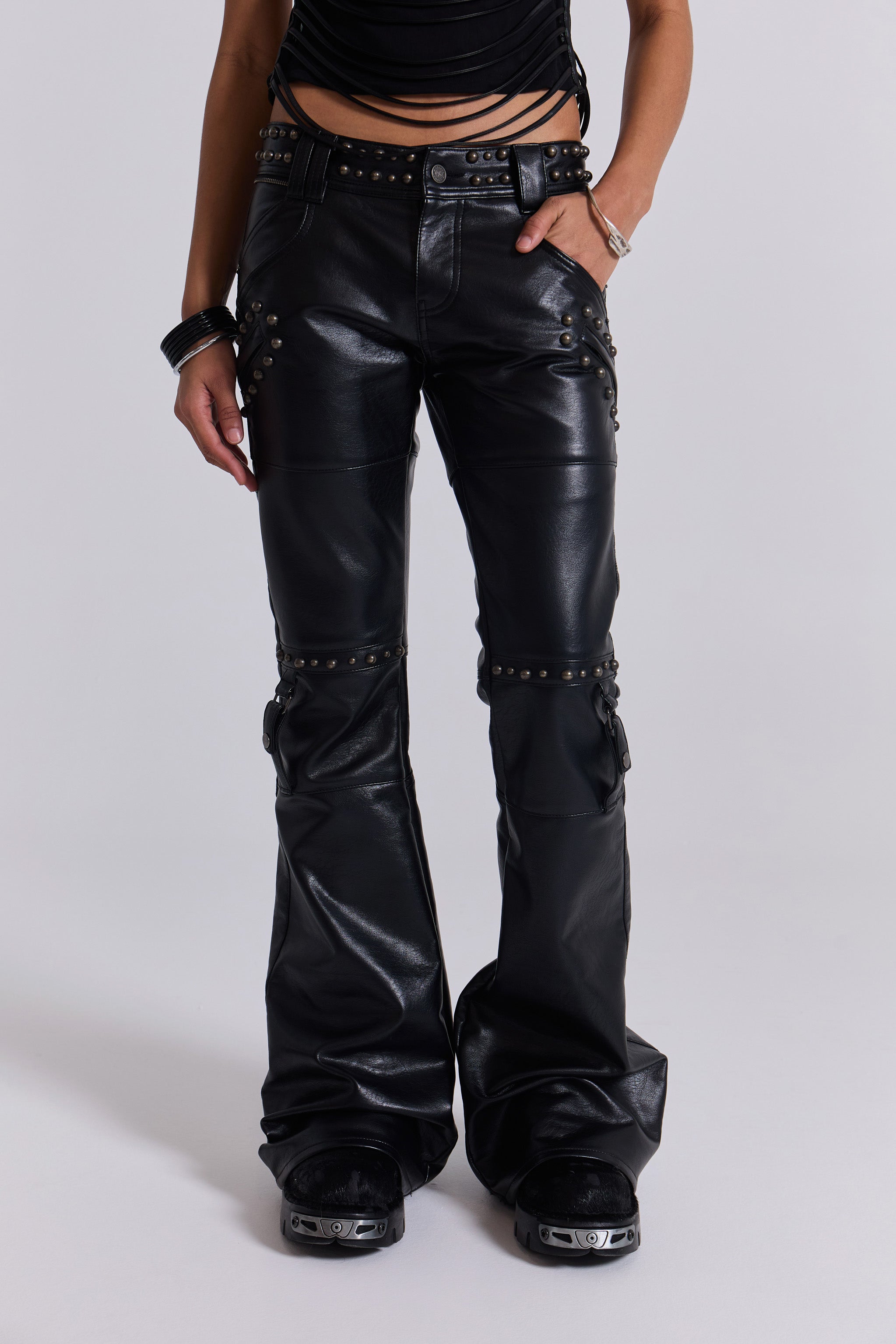 Black Carbon Black Studded Drift Bootcut Pants