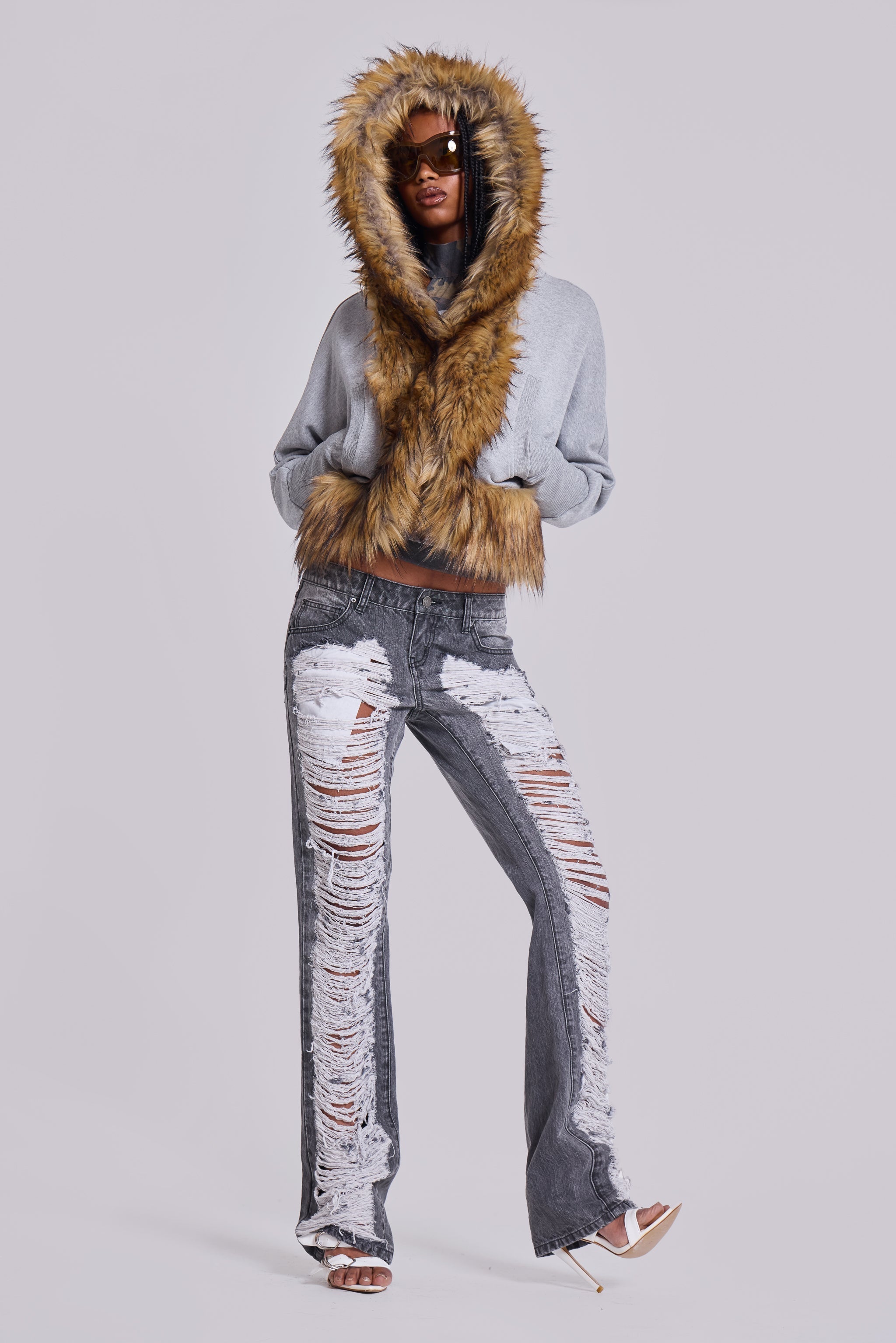 Zain Shredded Bootcut Jeans in Grey