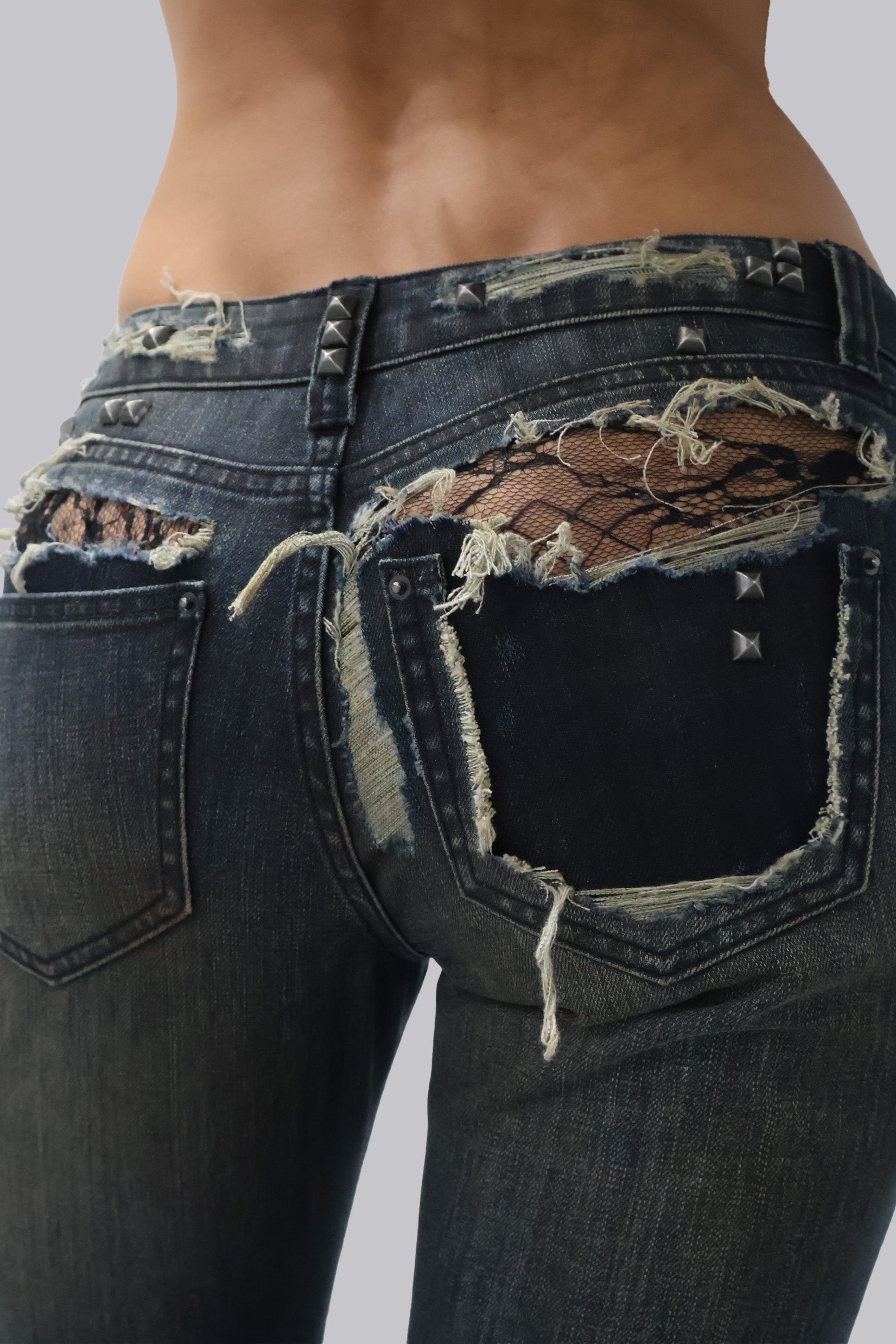 Tori Versleten Lace Low Rise Bootcut Jeans