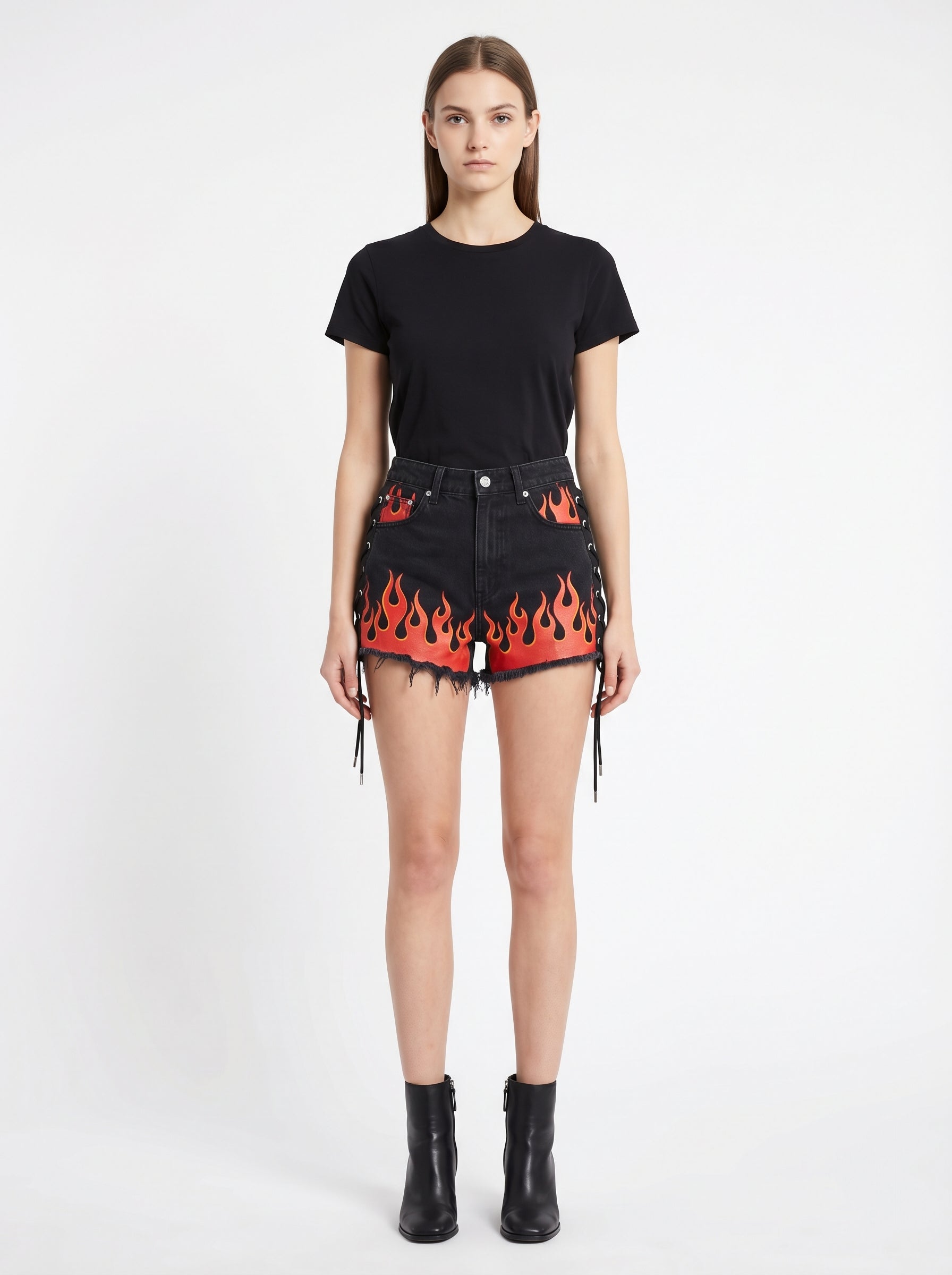 Flame Print Lace-Up Denim Jorts