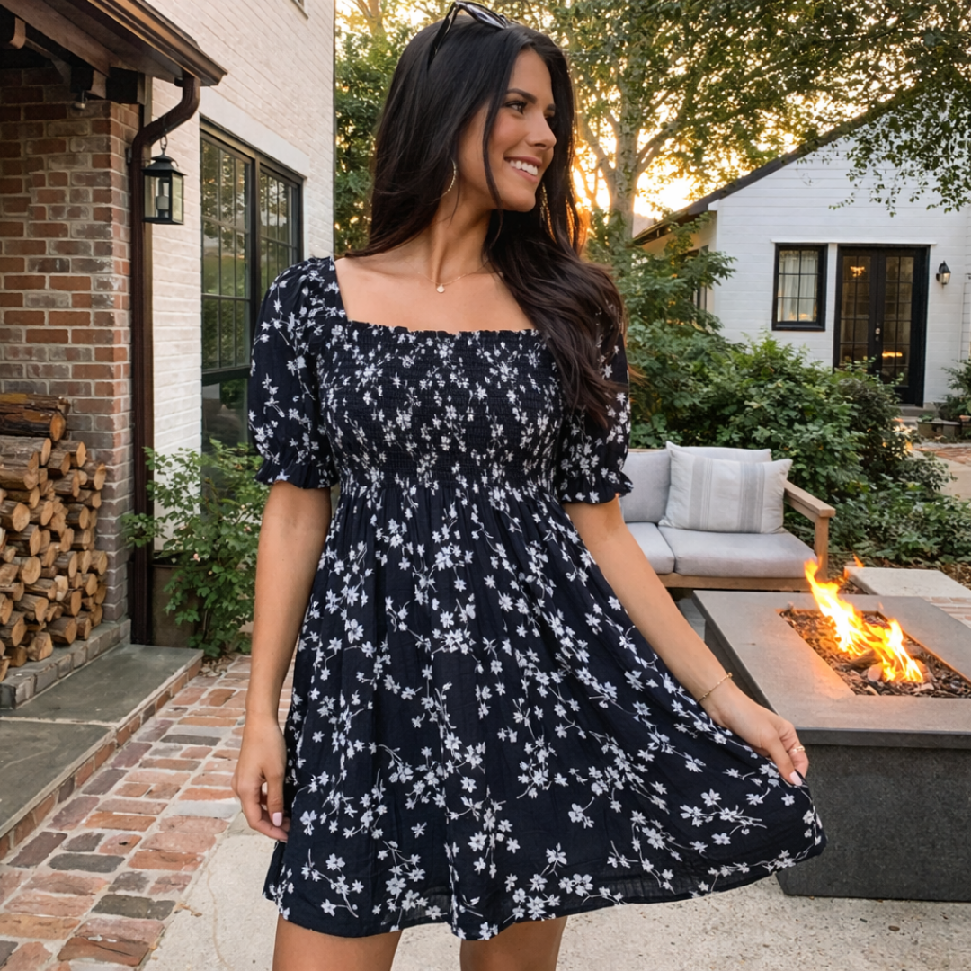 Women’s Floral Mini Dress - Fitted Waist