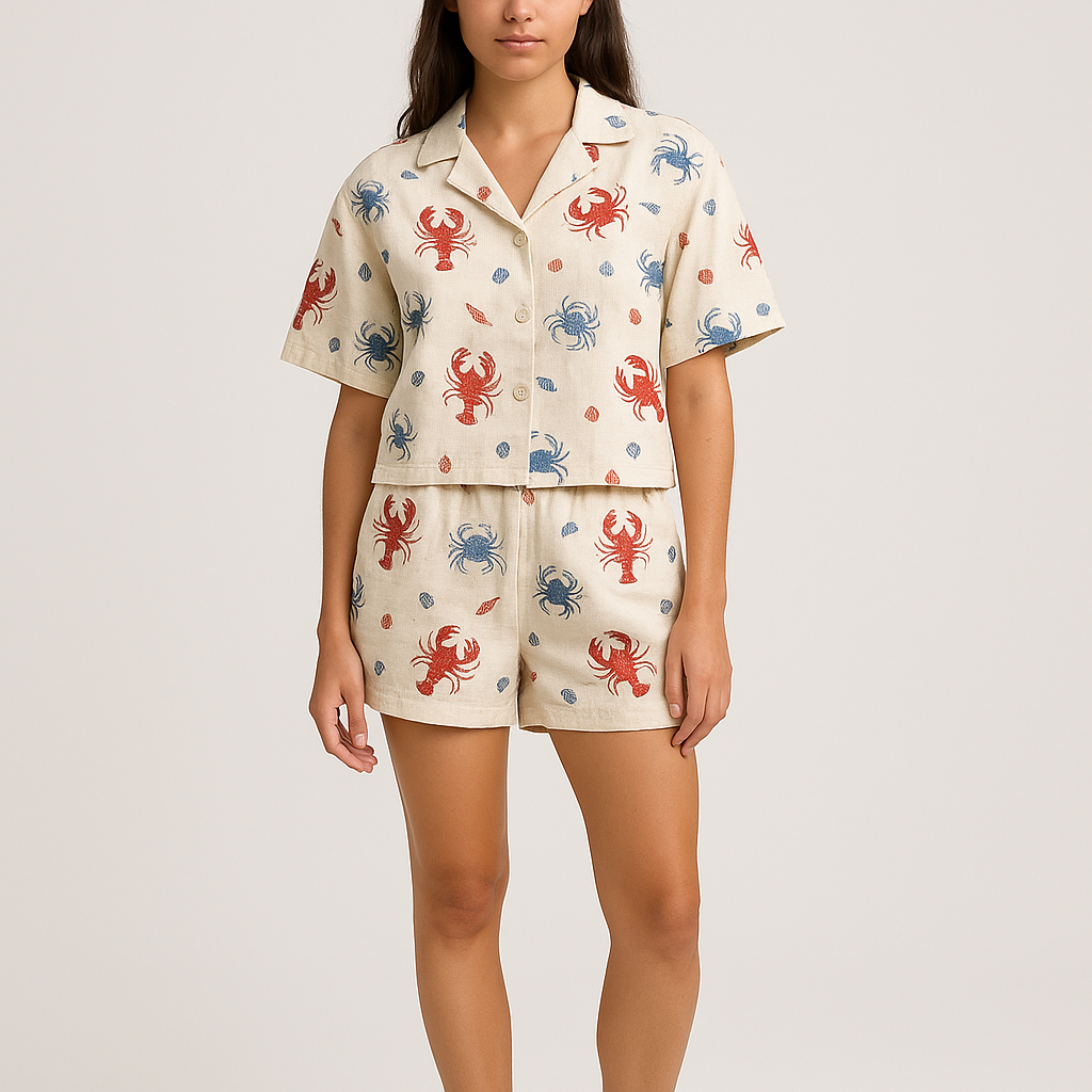 Le Homard Lobster Print Shirt & Shorts Set - Front View