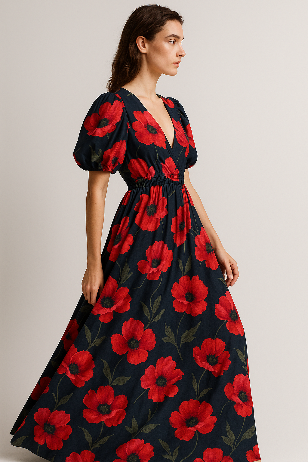 Poppy Fields Floral V-Neck Maxi Dress - Side Angle