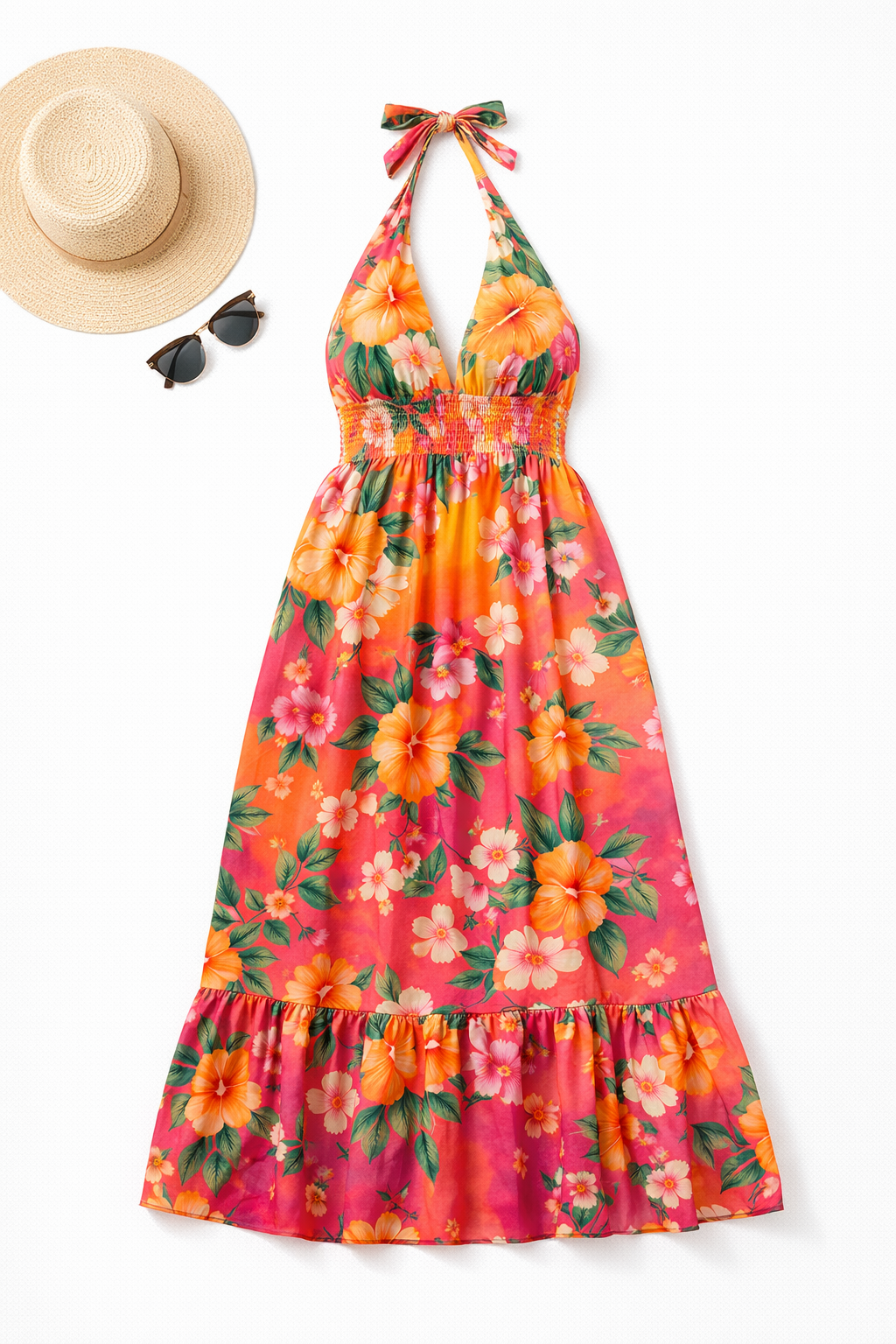Sunset Garden Floral Halter Maxi Dress - Flat Lay