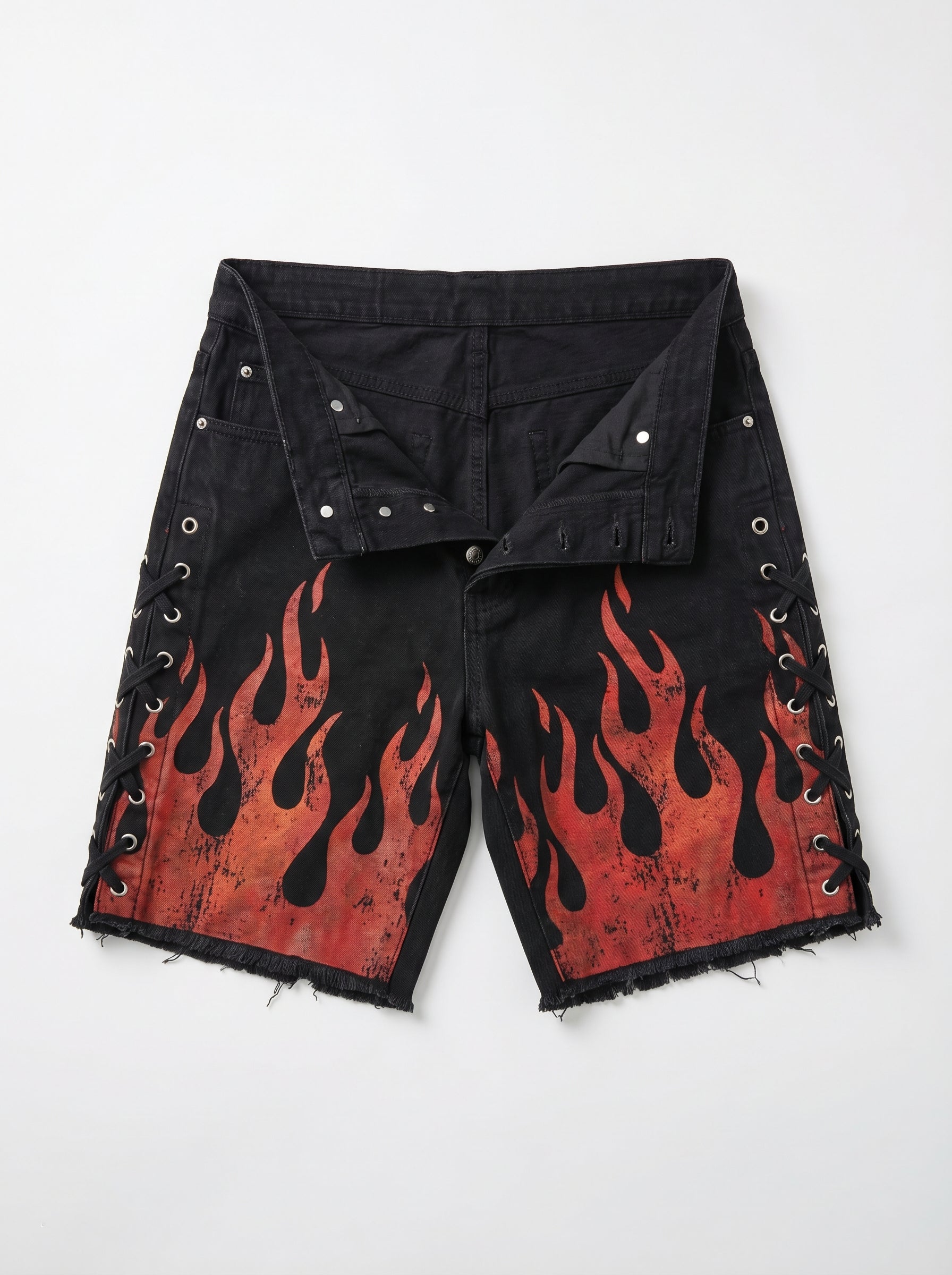Flame Print Lace-Up Denim Jorts
