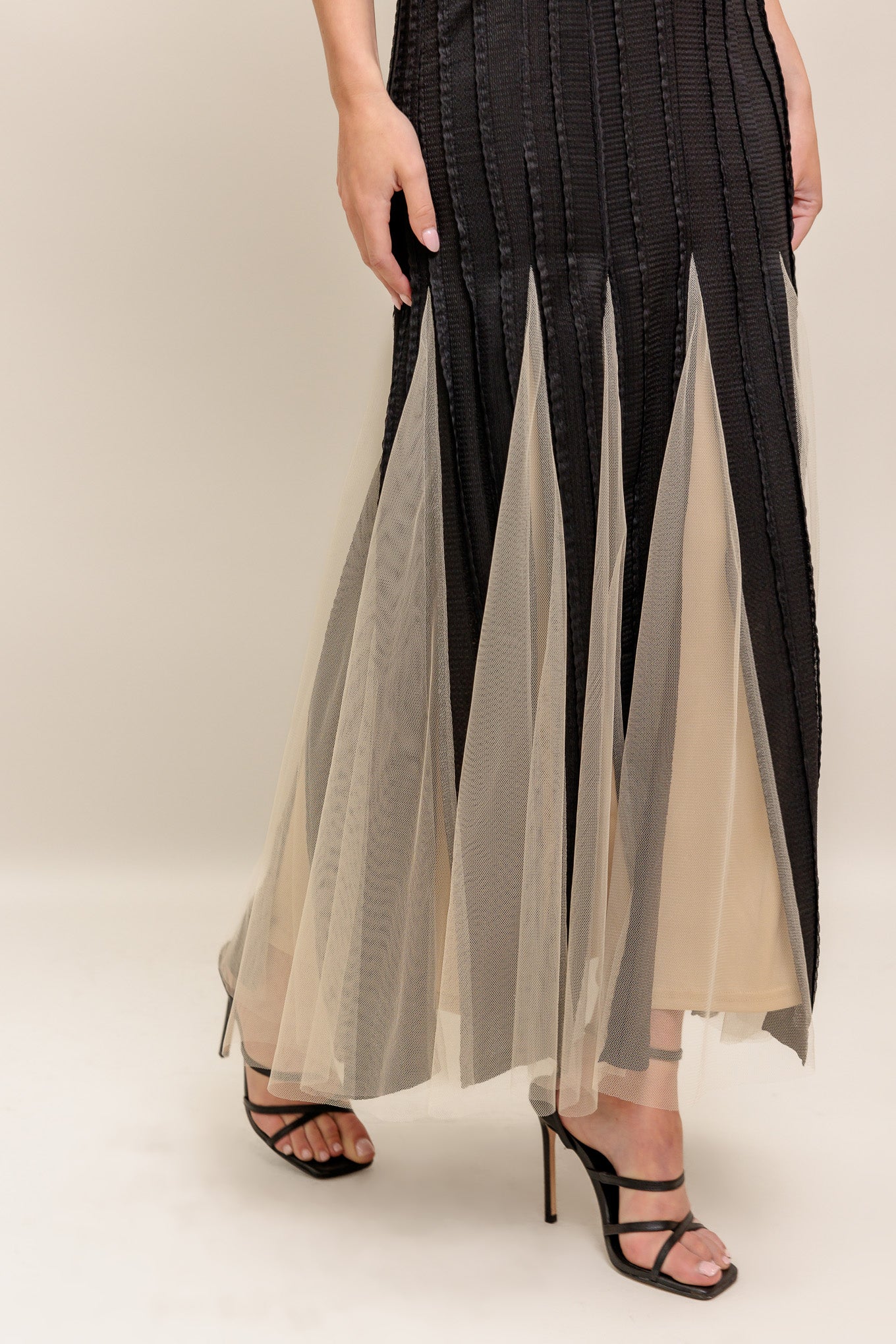 Black Knit Maxi Dress with Tulle Overlay