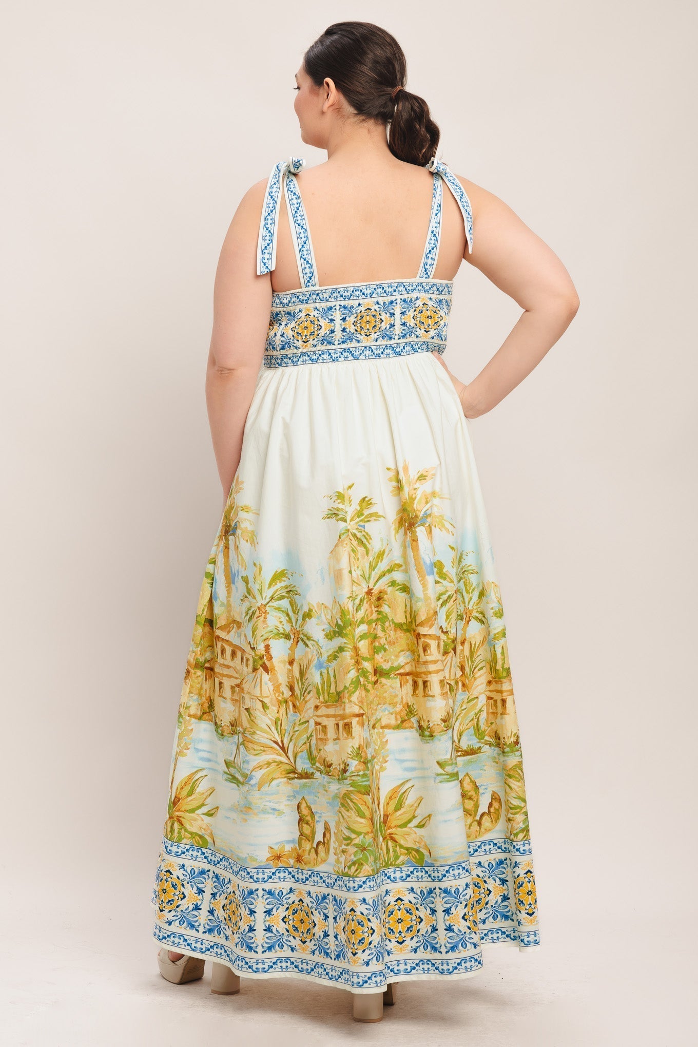 Postcard-Print Woven Maxi Dress