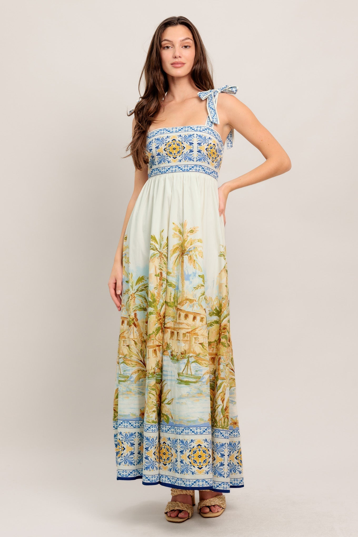 Postcard-Print Woven Maxi Dress