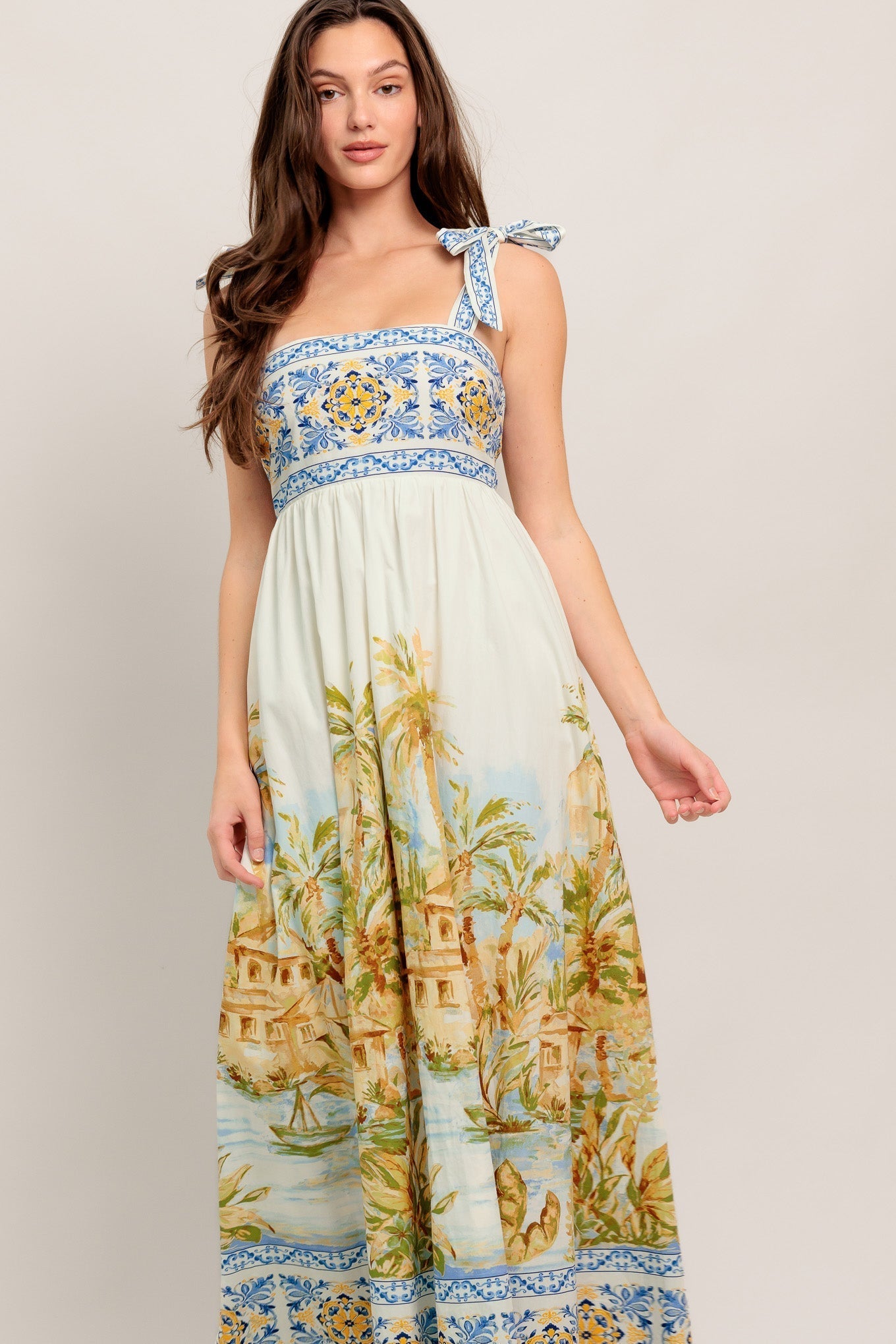 Postcard-Print Woven Maxi Dress