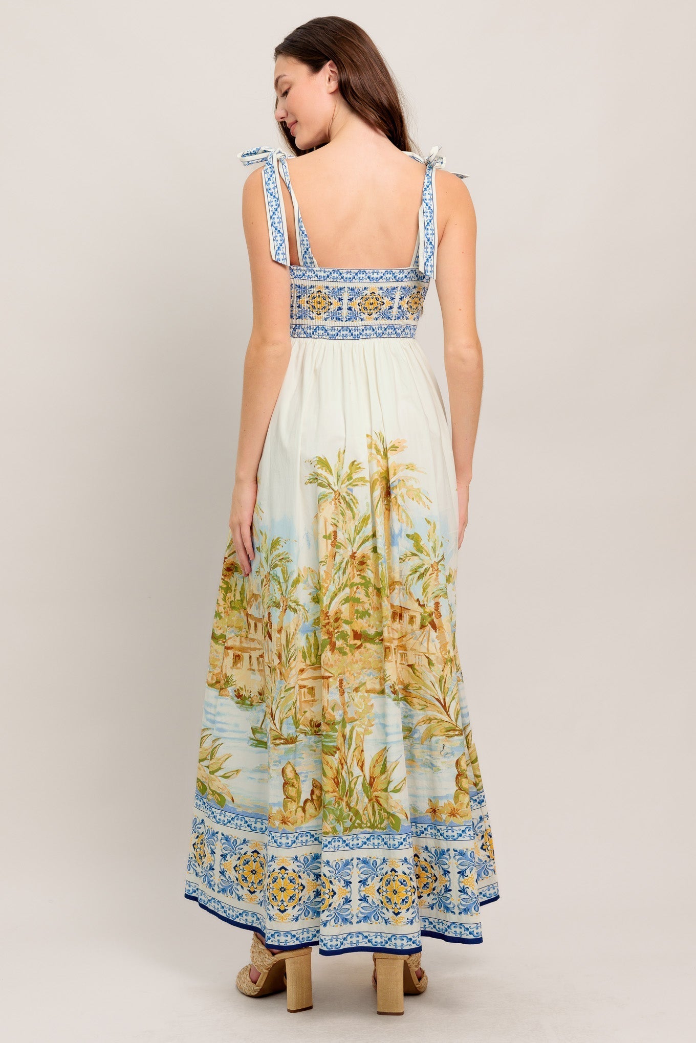 Postcard-Print Woven Maxi Dress