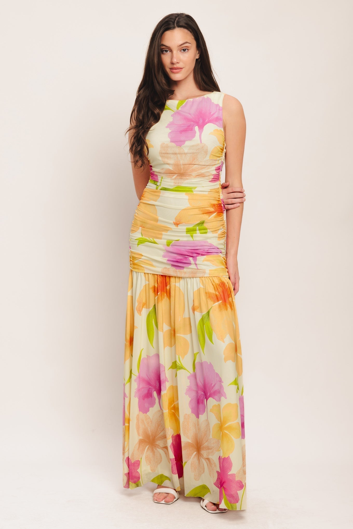 Printed power-mesh maxi dress