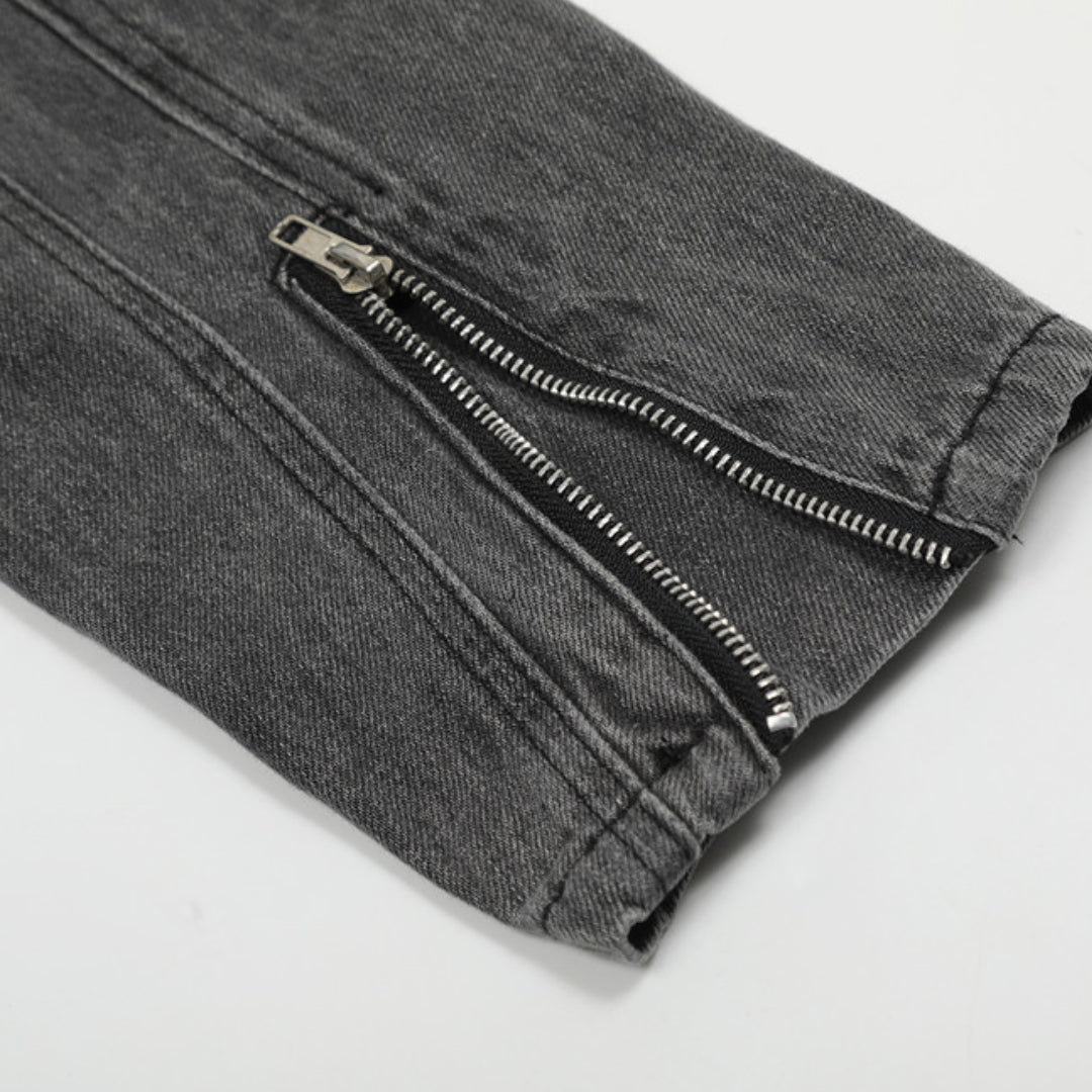 Distressed Denim Motorcycle Jacket