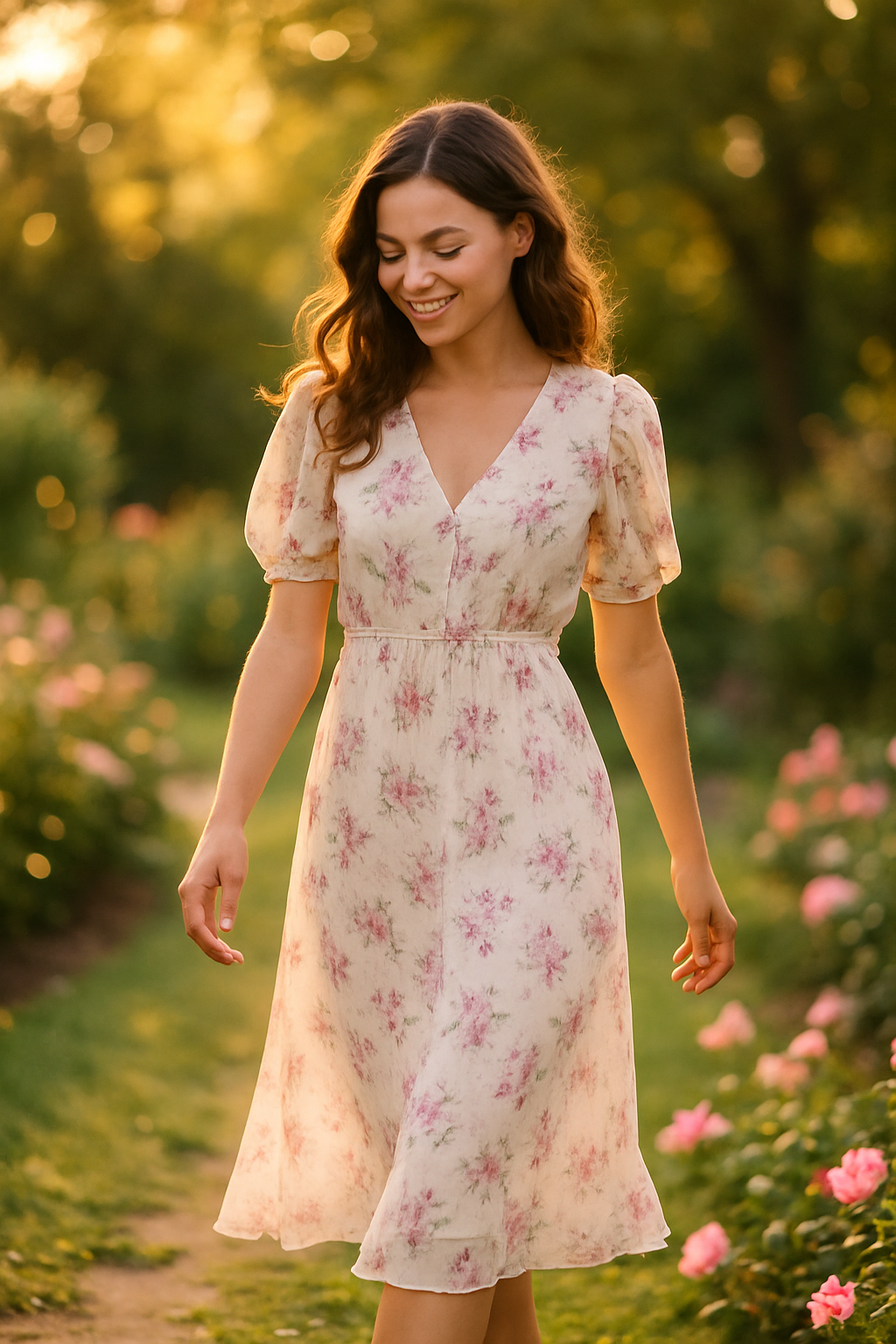 "Garden Party" Floral Chiffon Midi Dress
