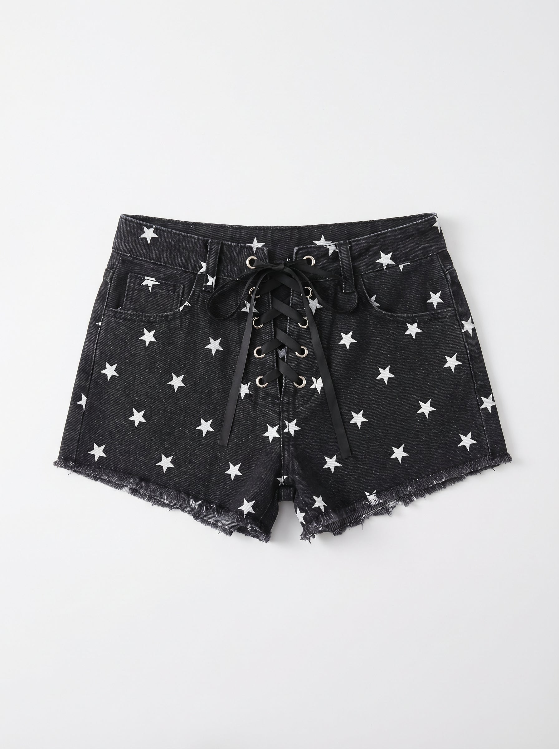 Star Print Corset-Detail Denim Hot Pants