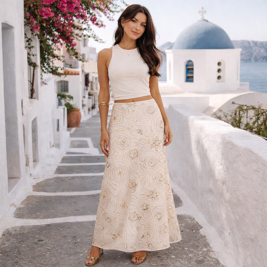 Women’s White Beaded Maxi Skirt - High Waist