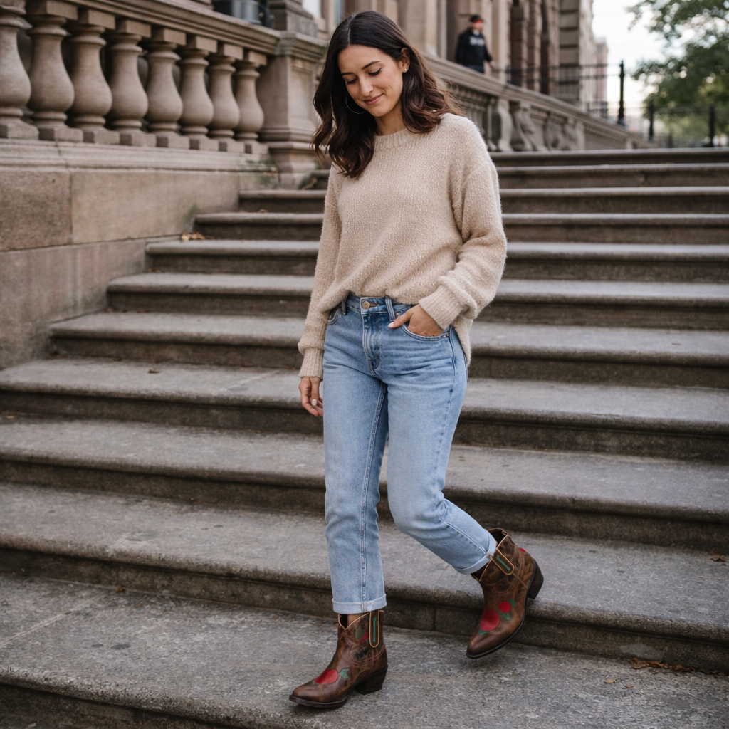 Women’s Dark Brown Western Ankle Boots - Almond Toe