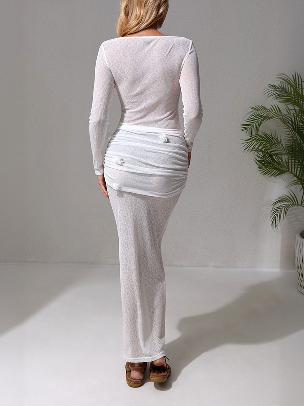 Rosette Long Sleeve Top Ruched Skirt Beach Sheer Knit Cover Up Set