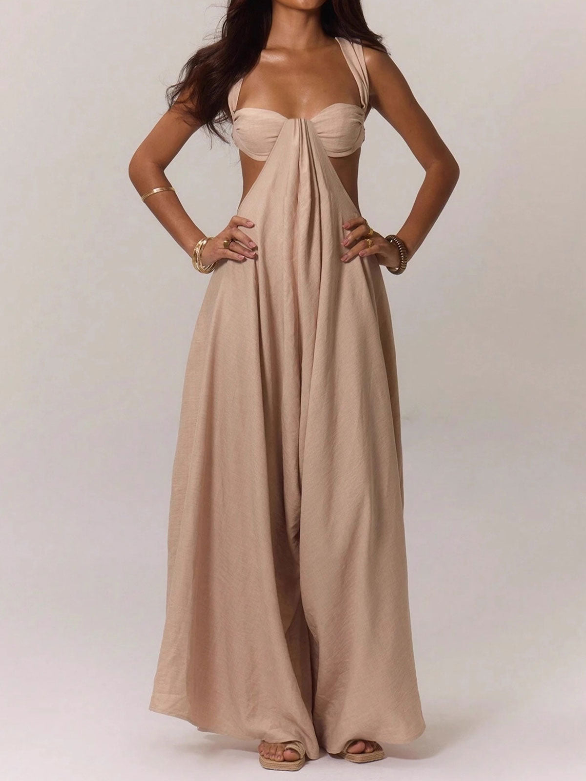 Sexy Cutout Sweetheart Neck Sleeveless Resort Wide Leg Jumpsuit