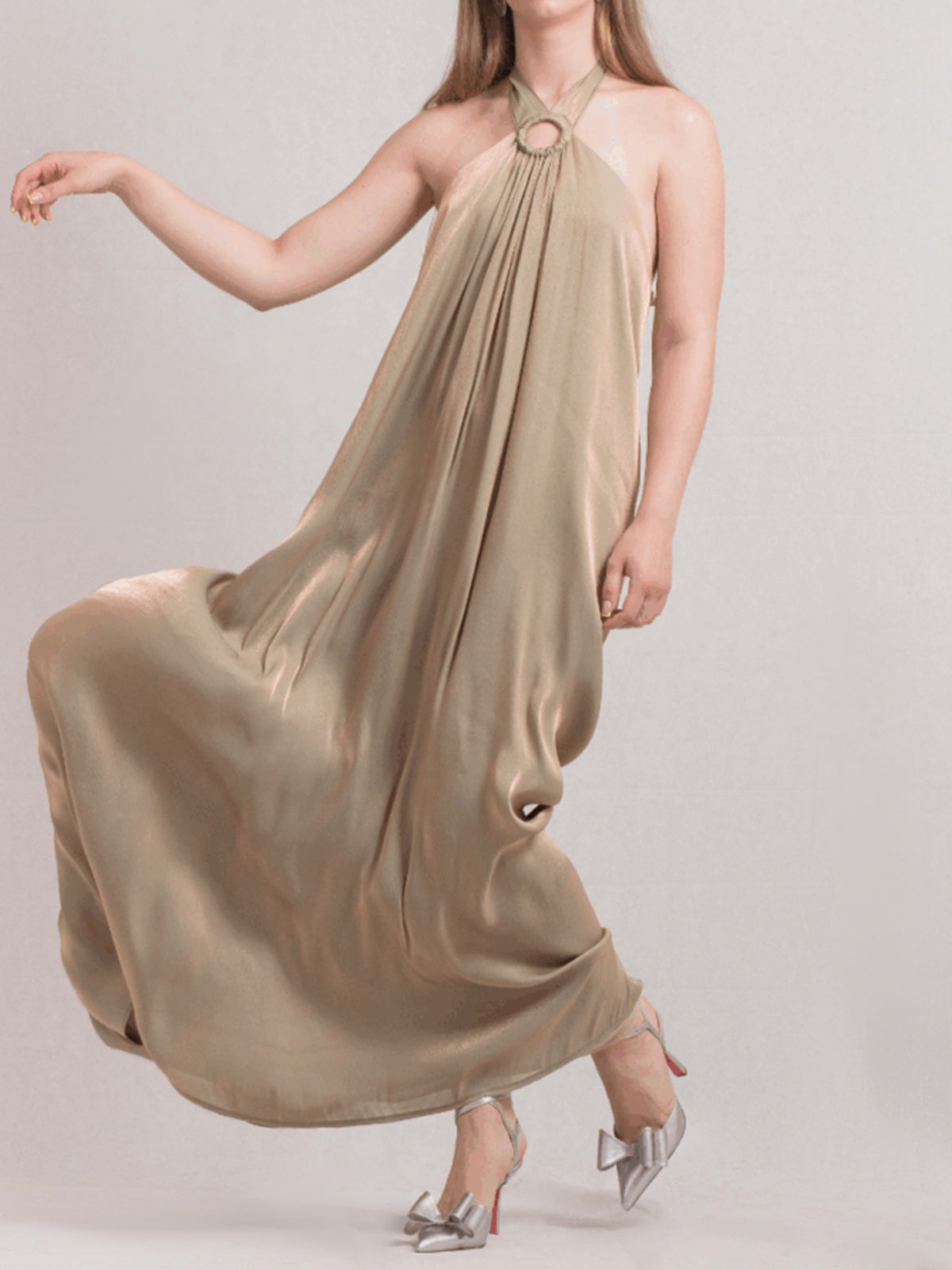 Zijde O Ring Halter Nek Resort Oversized A-lijn Maxi Jurk