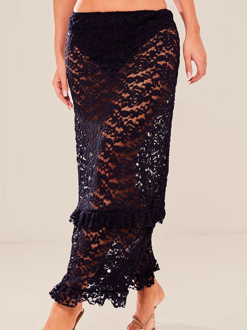 Swing Gelaagde Ruffle Lage Taille Bloem Kant Strand Cover Up Midi Rok