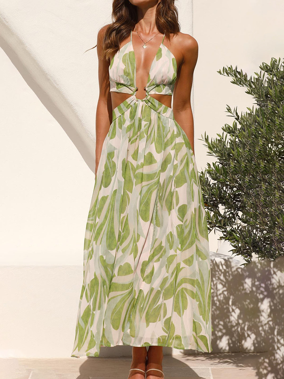 Tropical Print Deep V Metal Ring Tie Back Resort Cutout Midi Dress