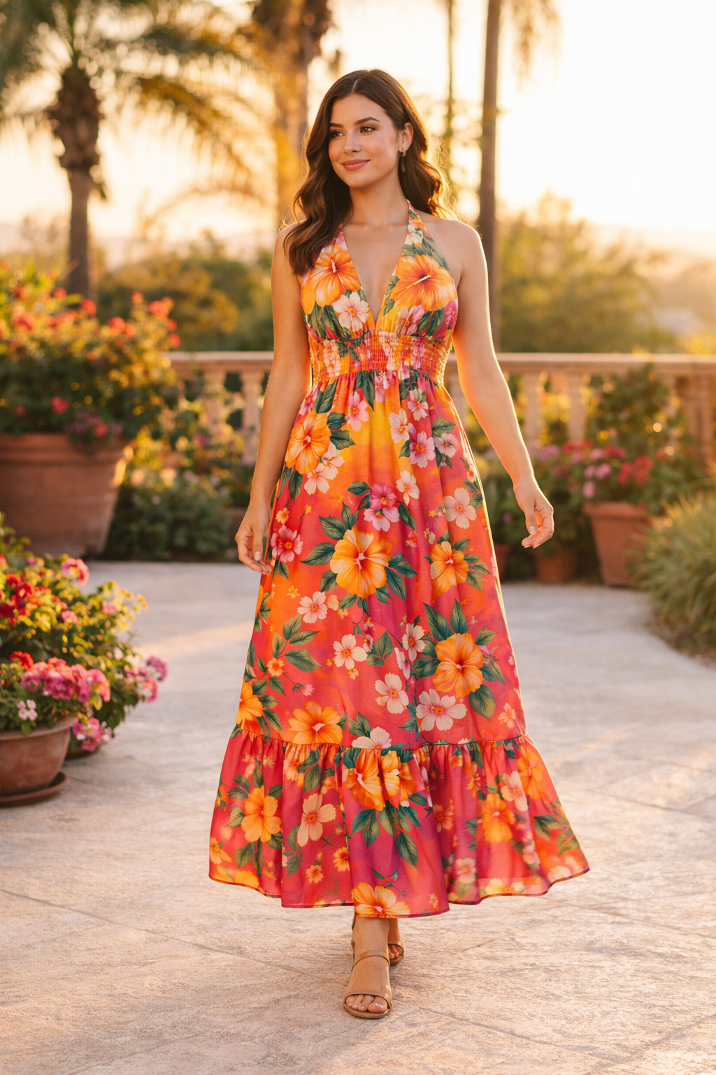 Sunset Garden Floral Halter Maxi Dress - Lifestyle