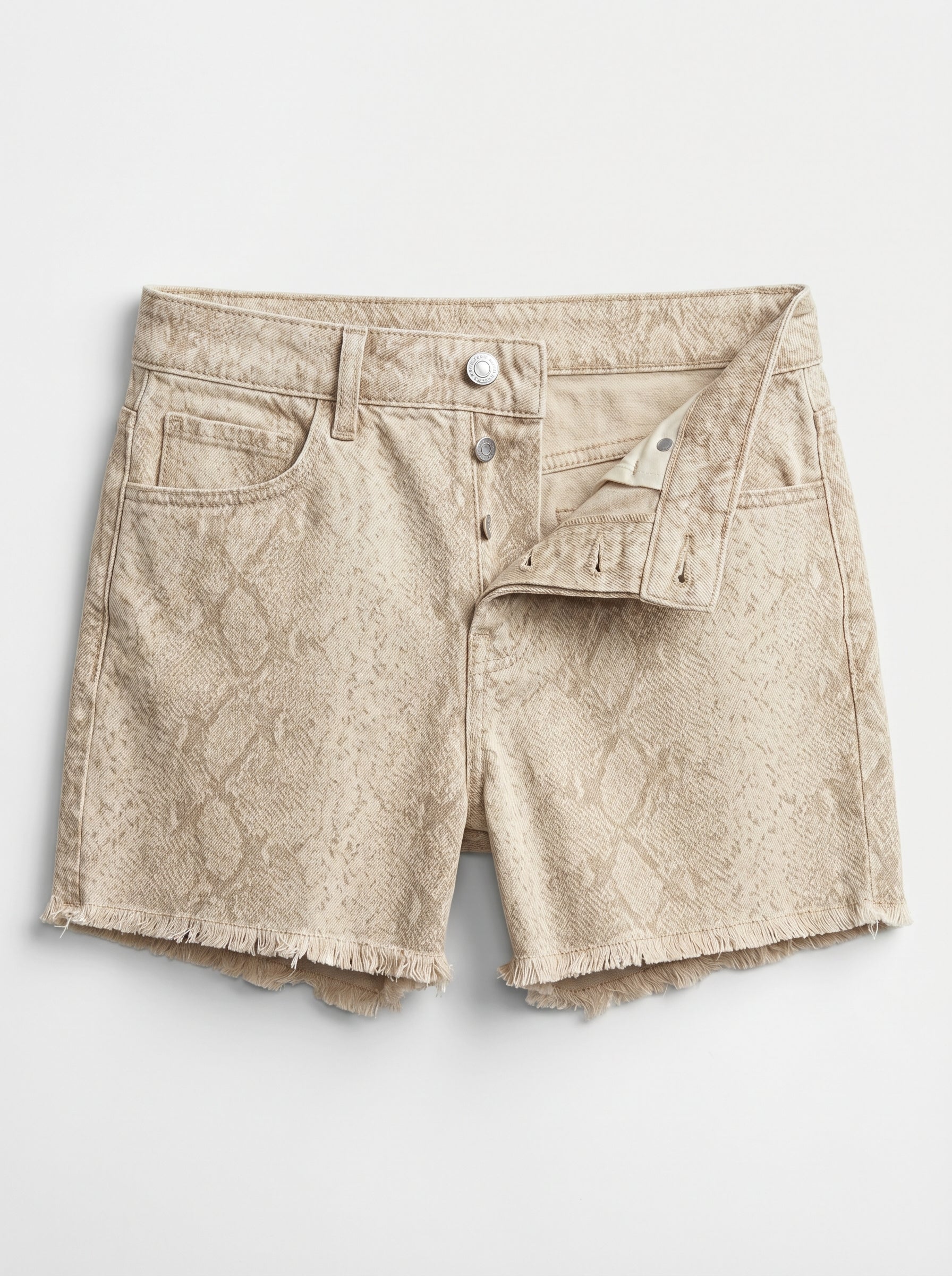 Snake Print Frayed Denim Mini Shorts