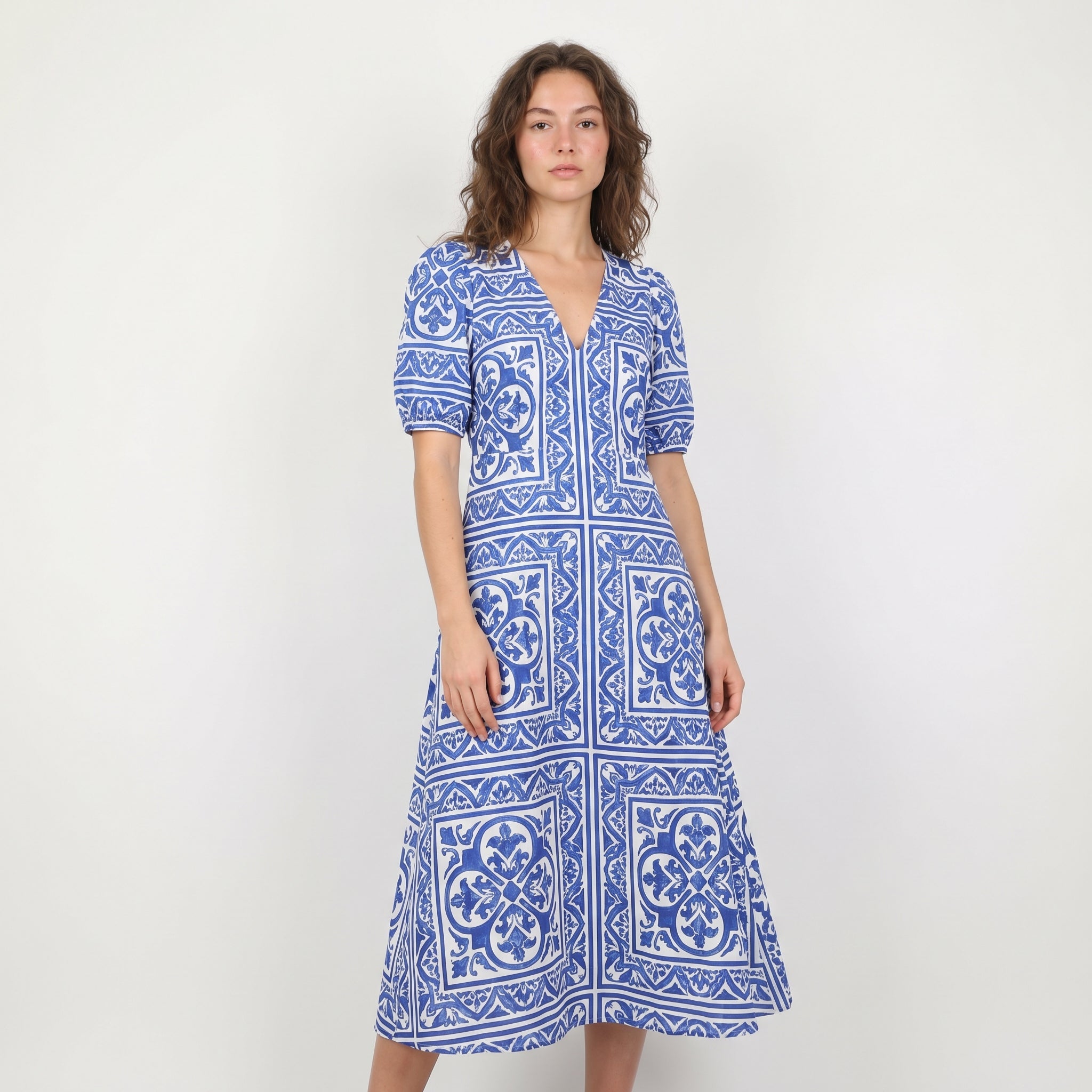 "Mykonos" Mediterranean Print Midi Dress