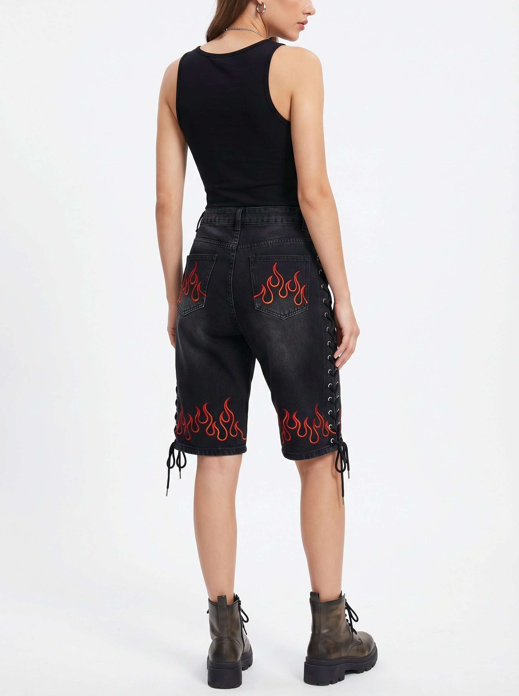 Flame Print Lace-Up Denim Jorts
