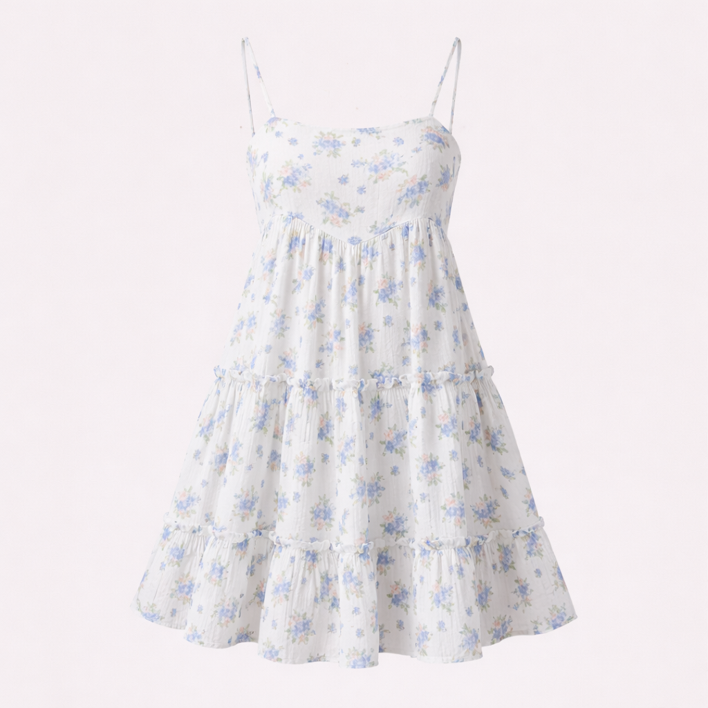 Women’s Blue Floral Structured Romper Dress - Square Neck