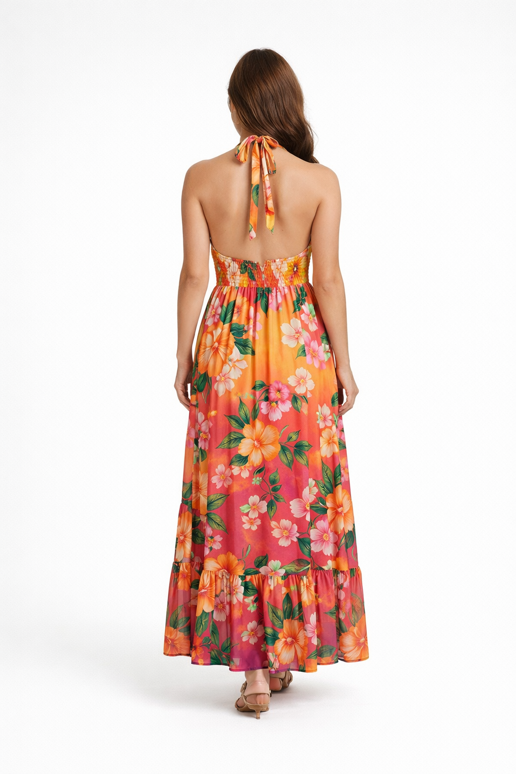 Sunset Garden Floral Halter Maxi Dress - Back View